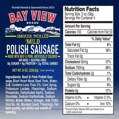 Bay View Smoked Pickled Polish Sausage, No MSG, Gluten Free, No Soy, 0g Sugar, 9g Protein, Hardwood Smoked, Mouthwatering Pickled Snack (8oz, Mild)