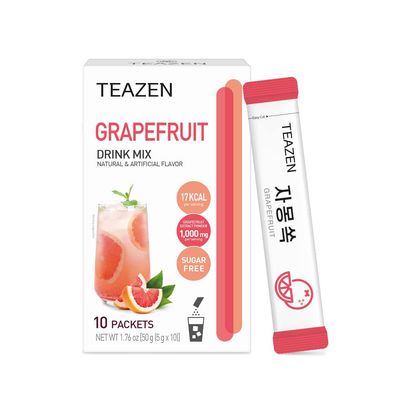 TEAZEN Grapefruit Tea, Sugar Free, Hibiscus and Green Tea, Powdered Mix Beverage from Korea, 10 Sticks, 1.76oz