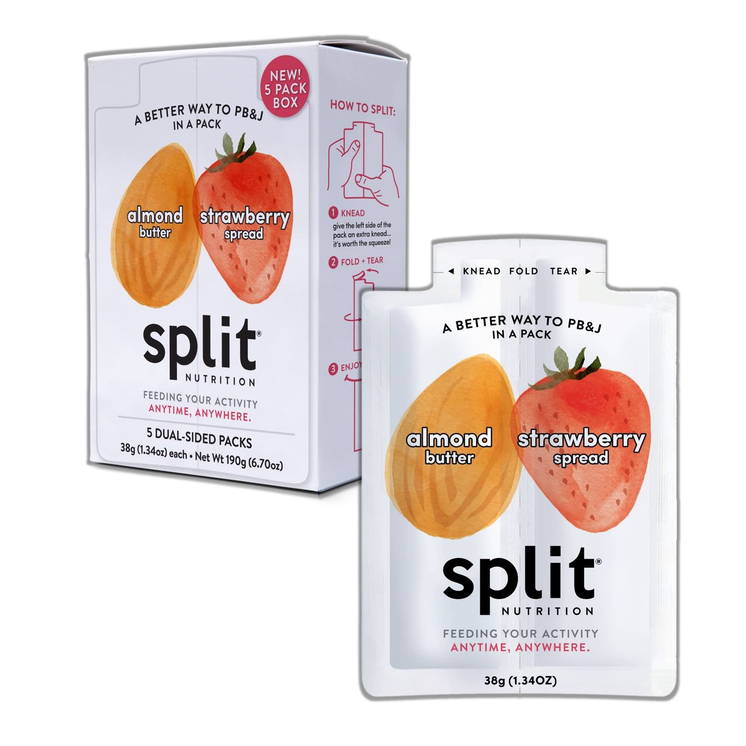 Split Nutrition Almond Butter and Strawberry Jelly Squeeze Packs - Non-GMO, Gluten Free Snack Pouch - On The Go Snack Made with Real Food - Zero Artificial Preservatives or Sweeteners (5 Pack)