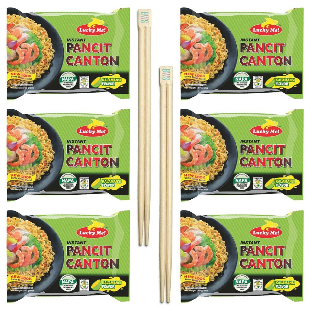 BWS Bamboo Chopsticks (2 Pairs) + Lucky Me! Pancit Canton (6-Pack) Filipino Chow Mein Soupless Ramen Noodles (Kalamansi - Citrus)