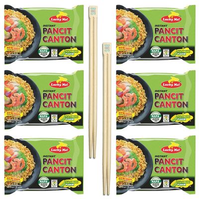BWS Bamboo Chopsticks (2 Pairs) + Lucky Me! Pancit Canton (6-Pack) Filipino Chow Mein Soupless Ramen Noodles (Kalamansi - Citrus)