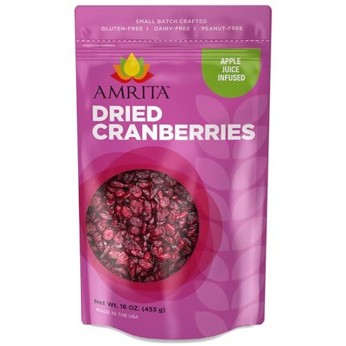 Amrita Dried Cranberries 1 lb | Sweetened with Apple Juice, Unsulfured, Gluten Free, non-GMO, No Preservatives | Packed Fresh in Resealable Bags | Fruit Snacks, Salads, Baking