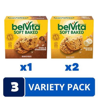 belVita Soft Baked Breakfast Biscuits Variety Pack, Banana Bread and Oats & Chocolate, Chewy Breakfast Bars, 3 Boxes of 5 Packs (1 Biscuit Per Pack)