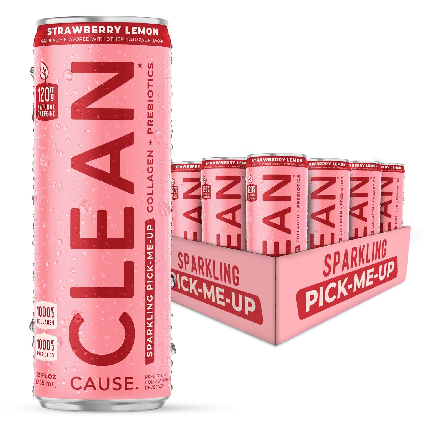 CLEAN Cause Strawberry Lemon Sparkling Pick-Me-Up with Prebiotics &amp; Collagen Peptides (12oz cans, 12-Pack Case) Low Sugar, 120mg Caffeine, Healthy Alternative to Soda &amp; Energy Drinks.