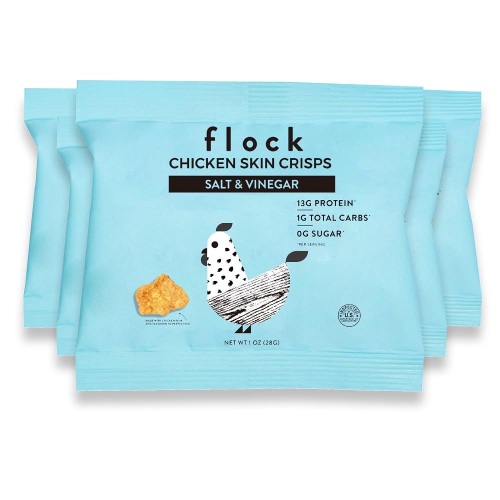 Flock Keto Chicken Skin Chips | Salt and Vinegar Flavor | Low Carb, High Protein, Sugar Free, Gluten Free Fried Chicken Skins - Chicken Chips for People | (1oz) 8-Pack Crispy Chicken Flock Chips