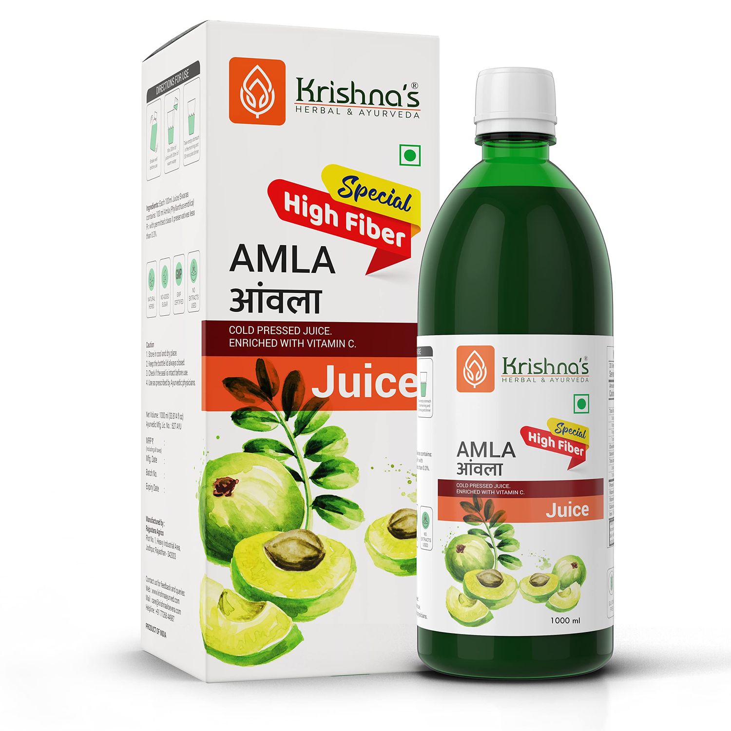 Krishna&#39;s Special Amla High Fiber Juice - 1000 ml | Fresh cold pressed Amla Juice | Helps Boosts Skin and Hair Health | Helps Detox | Rich in Vitamin C | Natural Immunity Booster