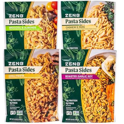 ZENB Gluten Free Pasta Sides Variety Pack  Made From 100 Yellow Peas NonGMO  Vegan Excellent Source of Fiber  Protein Broccoli  Almonds Roasted Garlic Soy Chili Fiesta  Cashew e Pepe Pack of 4