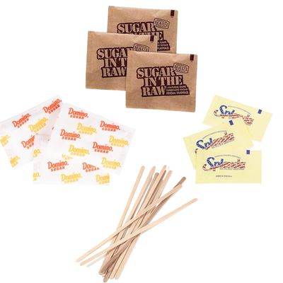 Sugar &amp; Sweetener Assortment Packets Packaged by Bools, Sugar Packets, Splenda, Brown Sugar, Plus Bools Wooden Coffee Stirrers (300 Pack) Sugar Packets for Home, Office, Coffee, Bar, Gift