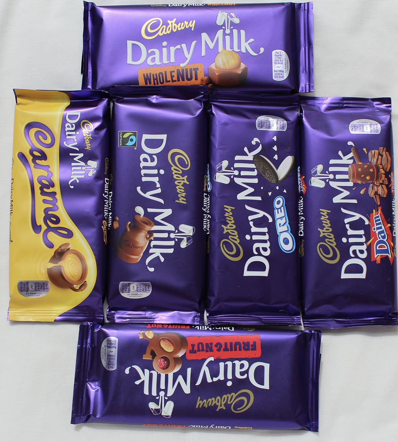Cadbury Dairy Milk Most Popular Chocolate Bars From England- Whole nut, Caramel, Fruit &amp; Nut, Oreo, Plain, Daim,110 grams