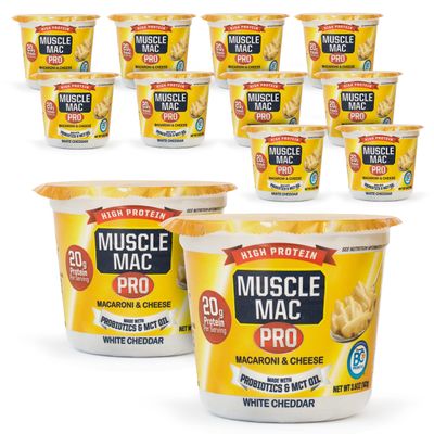 Macaroni and Cheese Microwavable Cups Made With Probiotics And MTC Oil, 20g Protein Per Serving, Real White Cheddar Cheese By MUSCLE MAC PRO, (12 Pack)