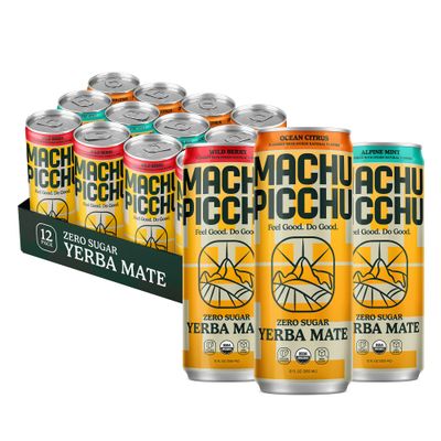MACHU PICCHU Yerba Mate Energy Drink, Zero Sugar, 120mg Organic Caffeine, Low Calorie, USDA Organic, 12oz Cans (Pack of 12, Variety)