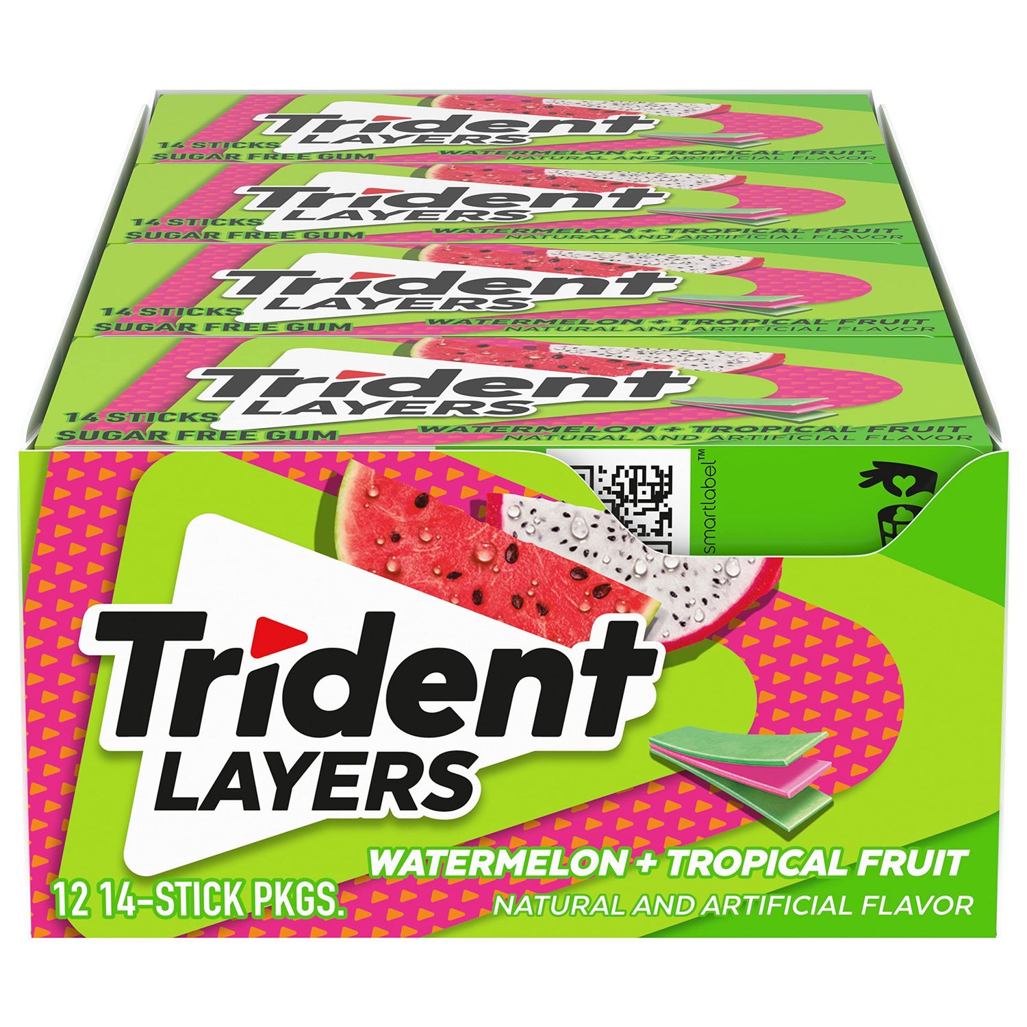 Trident Layers Watermelon &amp; Tropical Fruit Sugar Free Gum, 12 Packs of 14 Pieces (168 Total Pieces)