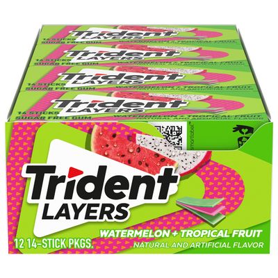 Trident Layers Watermelon &amp; Tropical Fruit Sugar Free Gum, 12 Packs of 14 Pieces (168 Total Pieces)