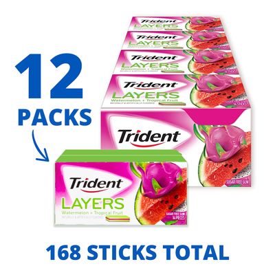 Trident Layers Watermelon &amp; Tropical Fruit Sugar Free Gum, 12 Packs of 14 Pieces (168 Total Pieces)