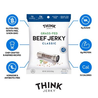 Think Jerky Classic Beef Jerky 22 Ounce Bags Pack of 8 Bags Delicious Chef Crafted Jerky GrassFed Beef Jerky Gluten Free No Antibiotics or Nitrates Healthy Protein Snack Low Calorie and Low Fat