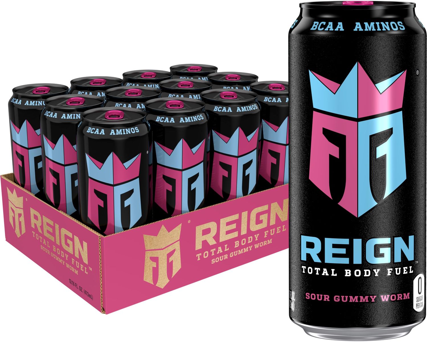 Reign Total Body Fuel, Sour Gummy Worm, Fitness &amp; Performance Drink, 16 Fl Oz (Pack of 12)