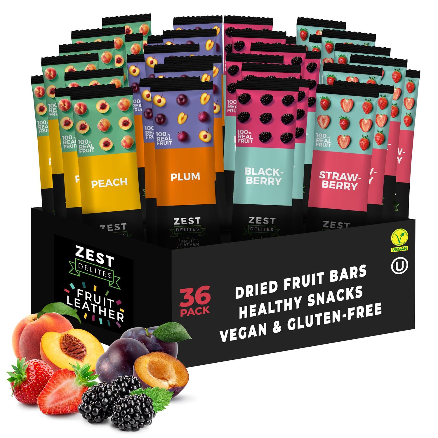 Fruit Snacks by Zest Delites, Fruit Leather, Healthy Snacks for Adults, Dried Fruit Snack Bulk, Fruit Bars, Vegan Fruit Strips, Apple-Based, Strawberry, Peach, Blackberry, Plum, 0.88 oz x 36
