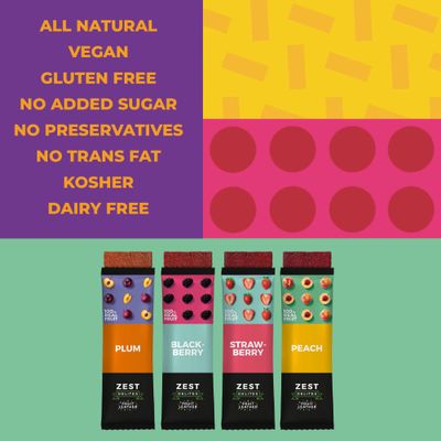 Fruit Snacks by Zest Delites, Fruit Leather, Healthy Snacks for Adults, Dried Fruit Snack Bulk, Fruit Bars, Vegan Fruit Strips, Apple-Based, Strawberry, Peach, Blackberry, Plum, 0.88 oz x 36