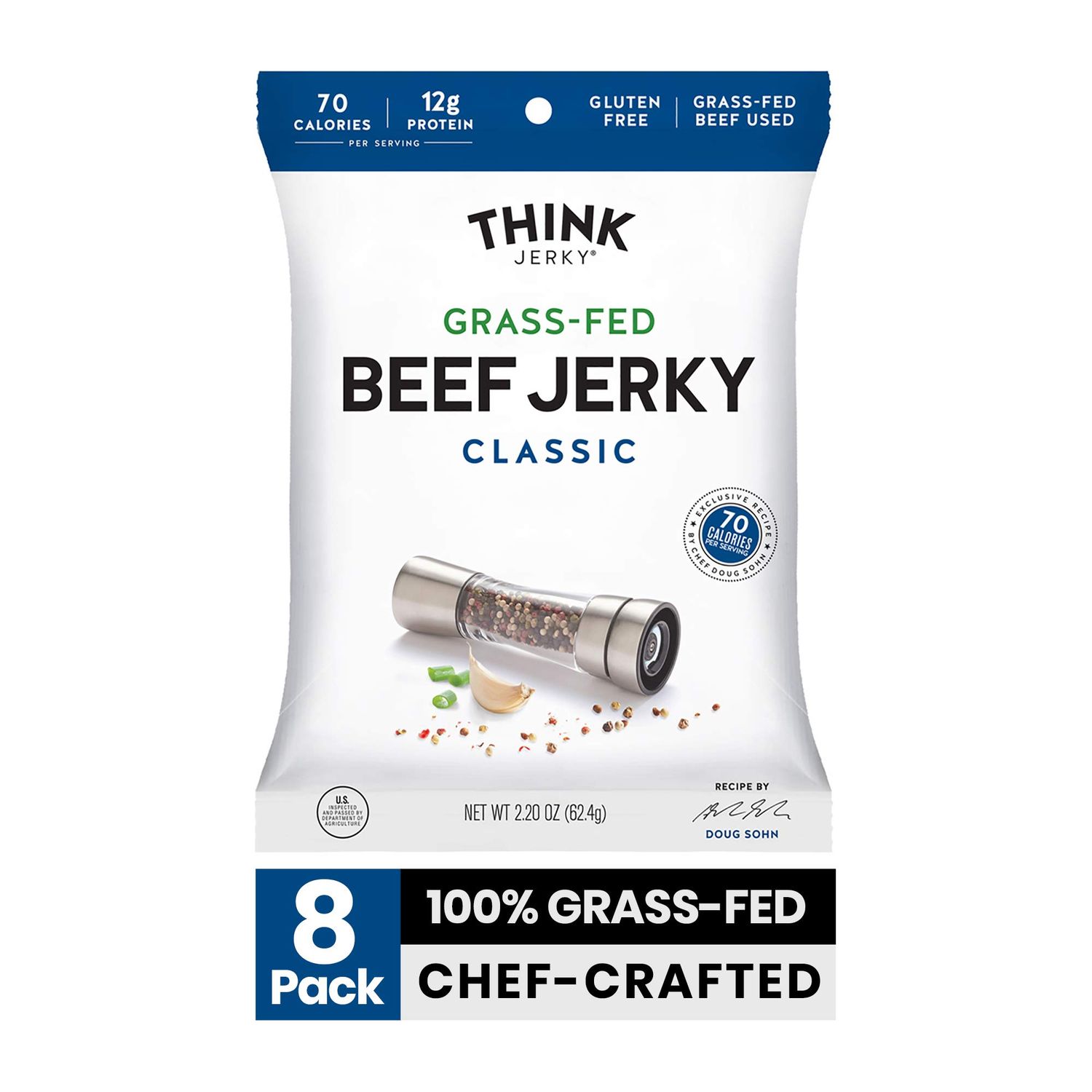 Think Jerky Classic Beef Jerky 22 Ounce Bags Pack of 8 Bags  Delicious Chef Crafted Jerky GrassFed Beef Jerky Gluten Free No Antibiotics or Nitrates  Healthy Protein Snack Low Calorie and Low Fat