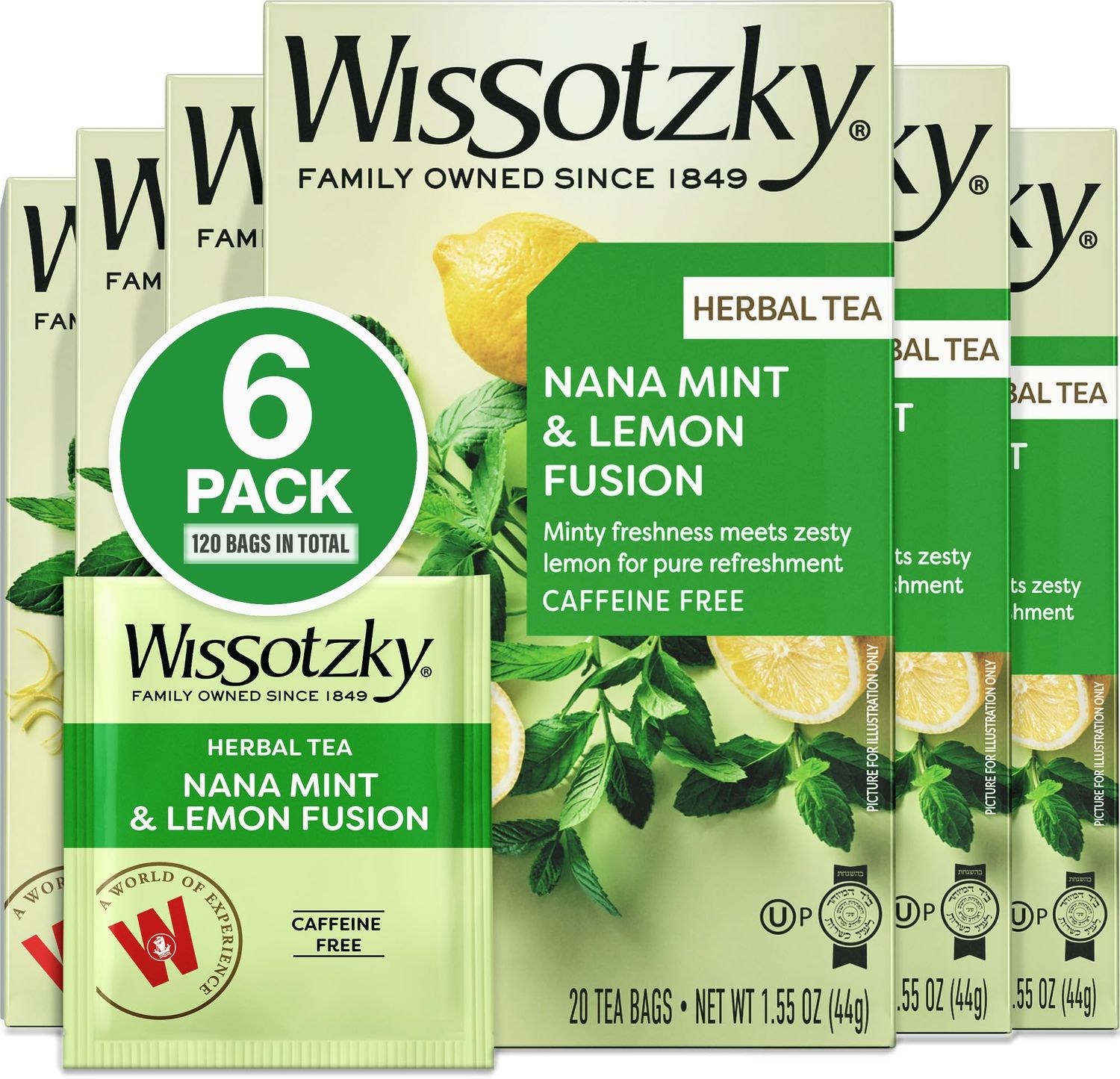 Wissotzky Nana Mint &amp; Lemon Fusion Herbal Tea (6 Pack -120 Tea Bags) | Invigorating Blend | Caffeine Free Tea | Digestive Support