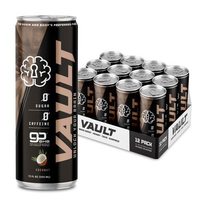 VAULT Caffeine Free Brain Energy Drink - Nootropic for Mental Focus Sharpness Memory and Reaction Time - No Crash or Jitters - Sugar Free - 12 Fl Oz (Pack of 12) - Tangy Coconut Flavor