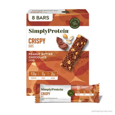 Simply Protein - Peanut Butter Chocolate Crispy Bars - Plant Based Protein Bars - Low Carb, Low Sugar, High Fiber - 13g Protein, 2g Sugar, 7g Fiber - Vegan, Gluten Free, Non GMO, Kosher - 8 Bars