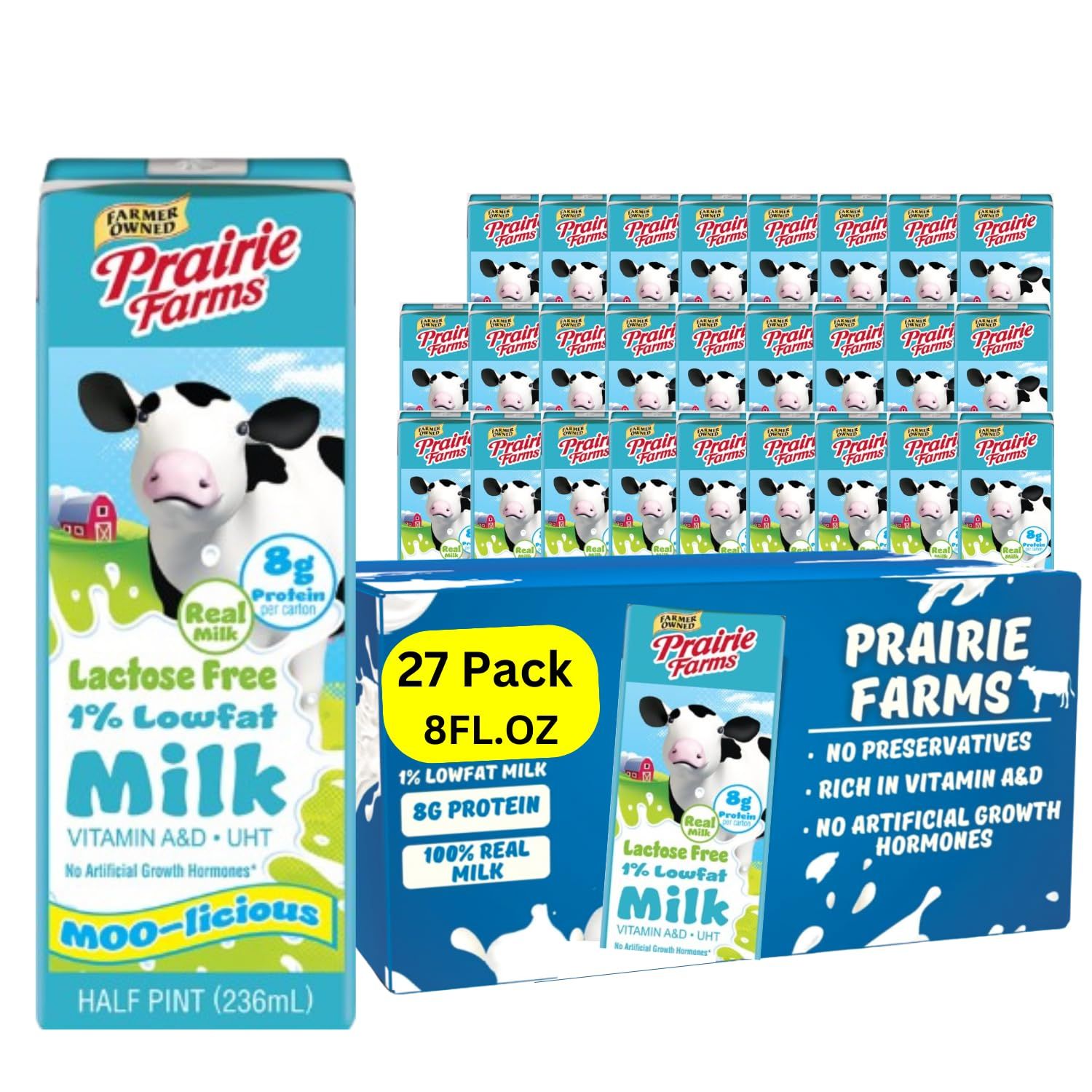 Prairie Farms - Lactose Free Milk, Shelf Stable 1% Low Fat Milk Boxes Vitamin D, Gluten Free, UHT Milk, Kosher - 8oz. (27 Pack)