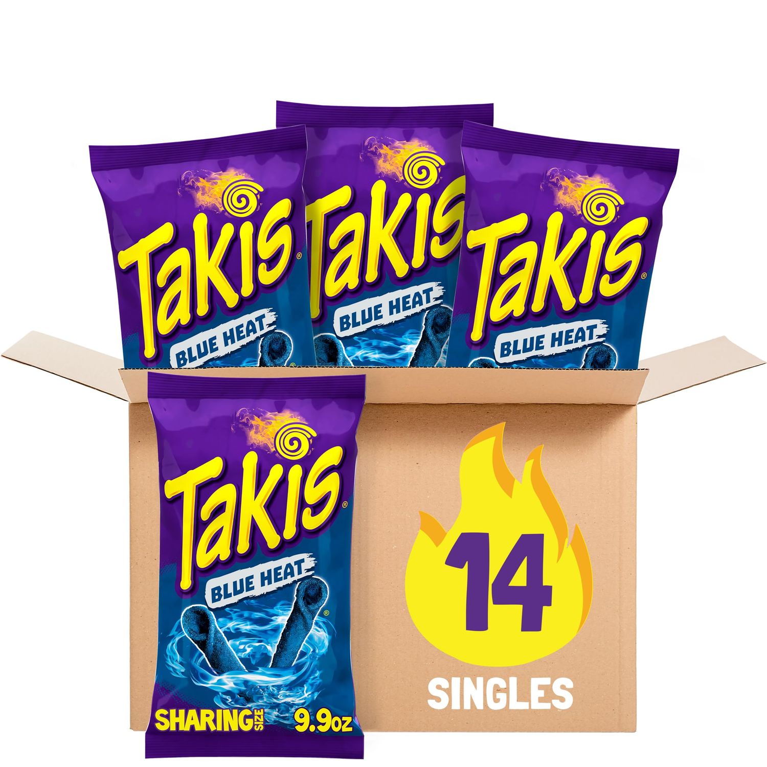 Takis Blue Heat 14 ct, 9.9 oz Sharing Size Case, Hot Chili Pepper Flavored Extreme Spicy Rolled Tortilla Chips