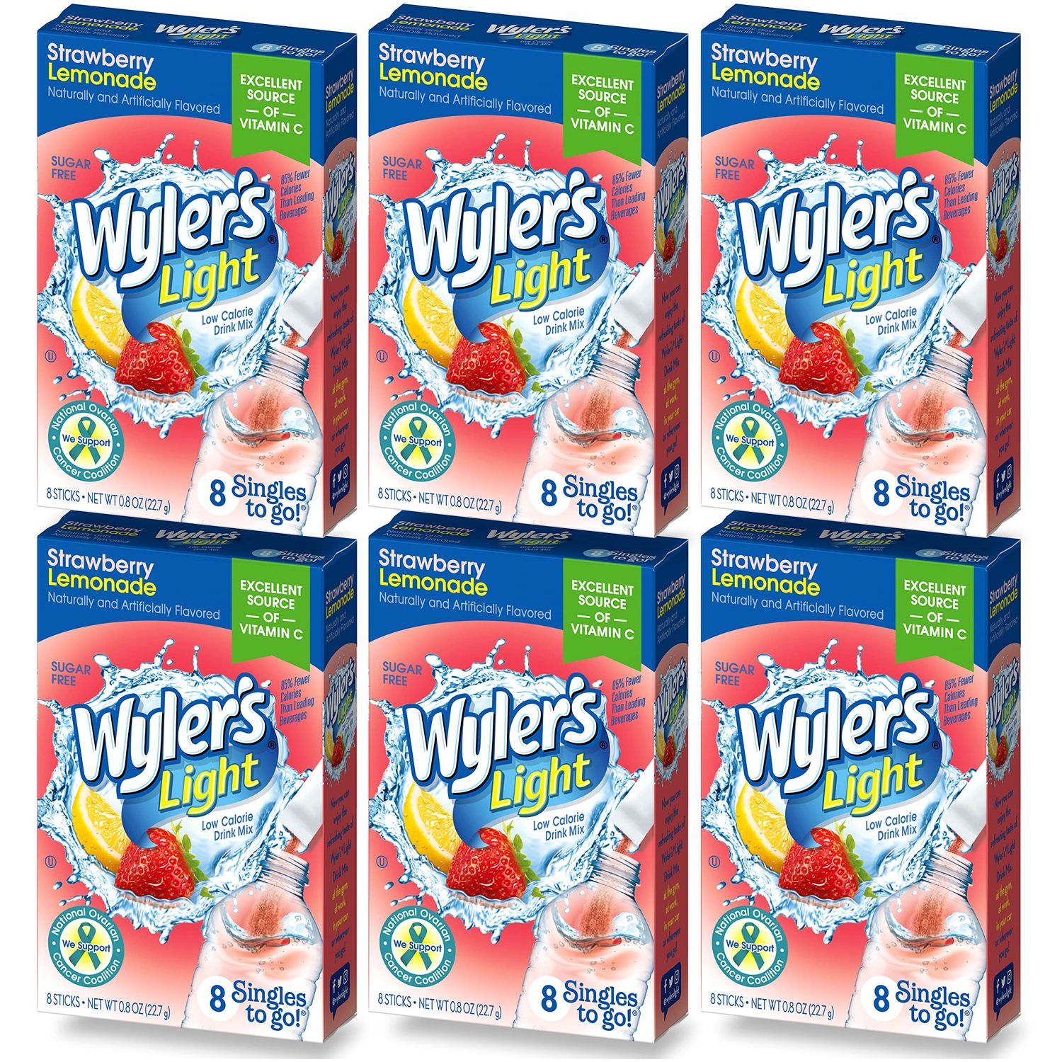 Wyler&#39;s Light Singles To Go Drink Mix, Strawberry Lemonade, 6 Pack (48 Drink Sticks Total)