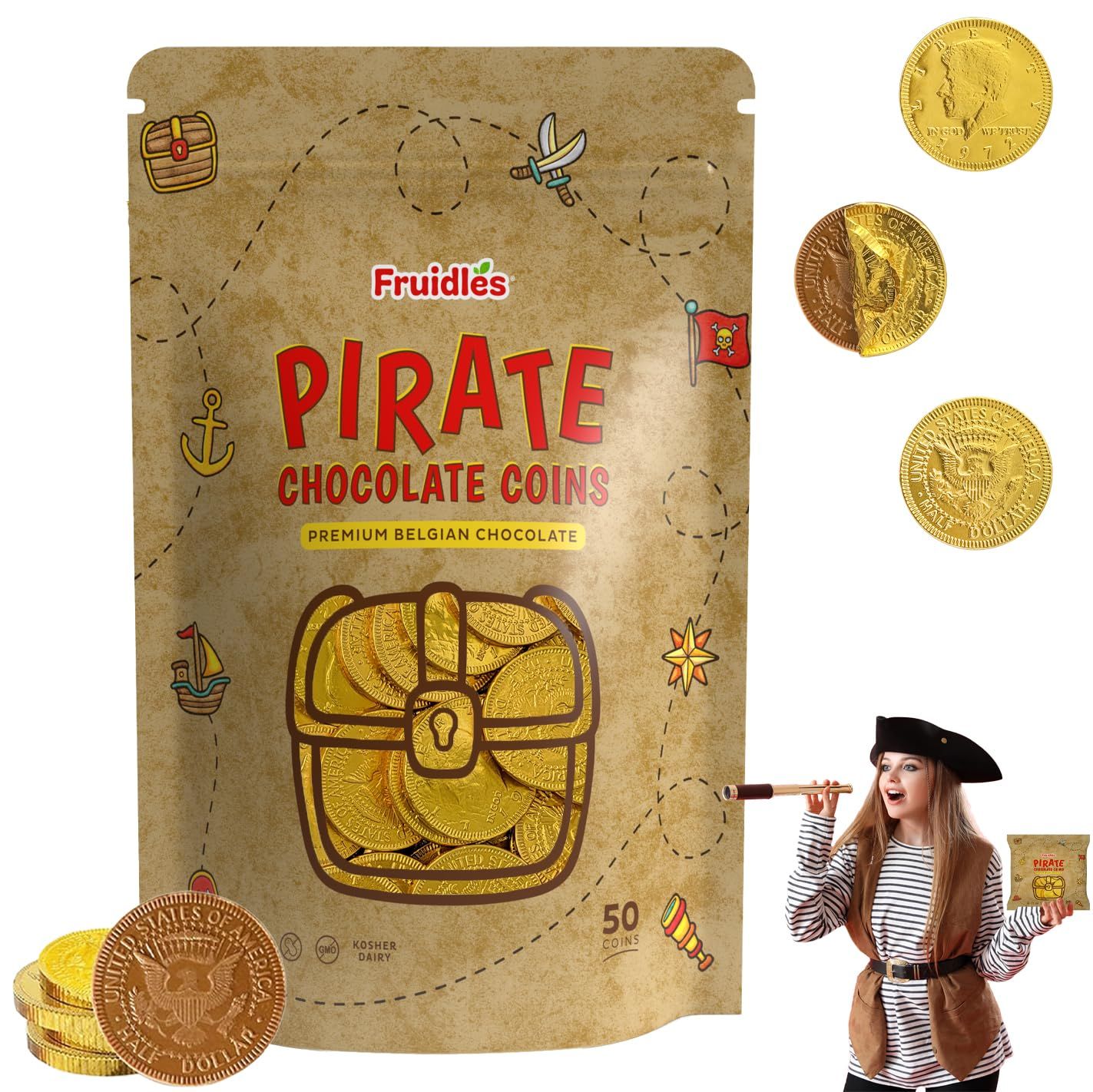 Pirate Belgian Milk Chocolate Coins, Kosher Certified Dairy, Non GMO (50-Pack)