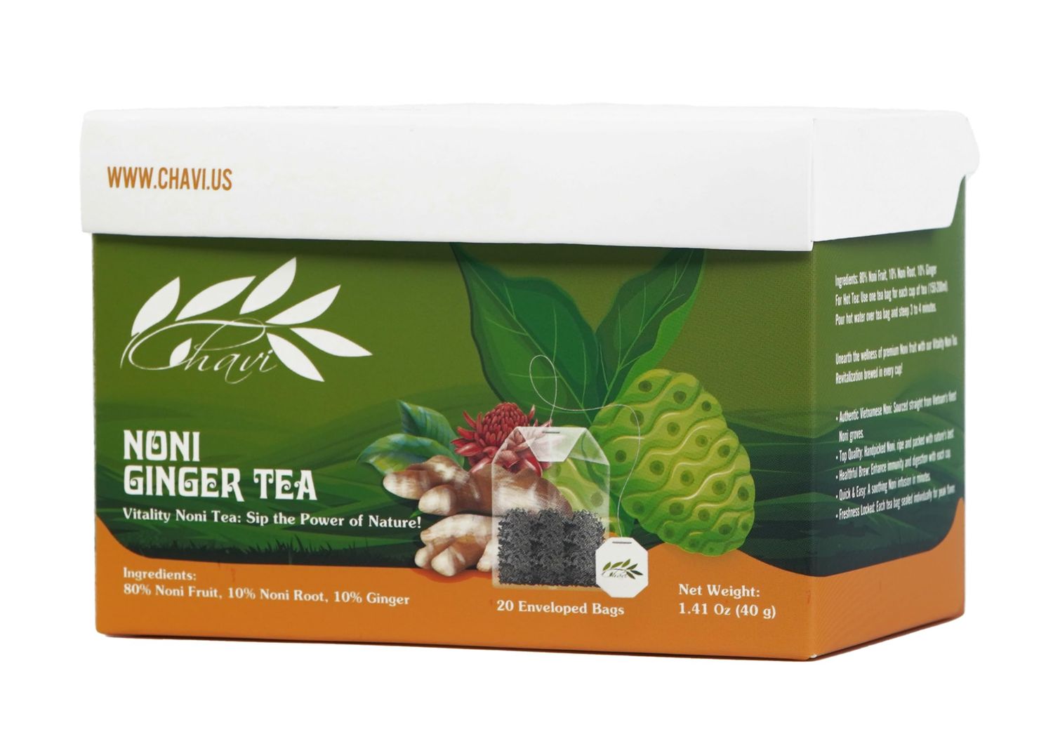 CHAVI Non Tiea (Noni Ginger, Pack of 1) | 20 Tea Bags per Box | Noni Dieters Drink | Extra Strength | Premium Quality