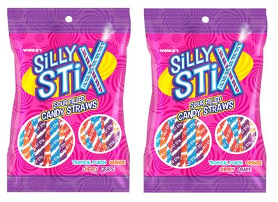 Silly Stix Sour Filled Candy Straws - 2.75 oz Bag - Pack of 2 - Variety of Flavors - Tropical Punch, Orange, Cherry, and Grape - Fun for Everyone - Easy to Share with Friends and Family