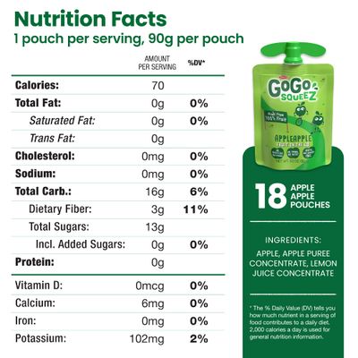 GoGo squeeZ Applesauce and Fruit Puree, Apple Apple, 3.2 oz (Pack of 18), Unsweetened Fruit Snacks for Kids, Gluten Free, Nut Free and Dairy Free, Recloseable Cap, BPA Free Pouches