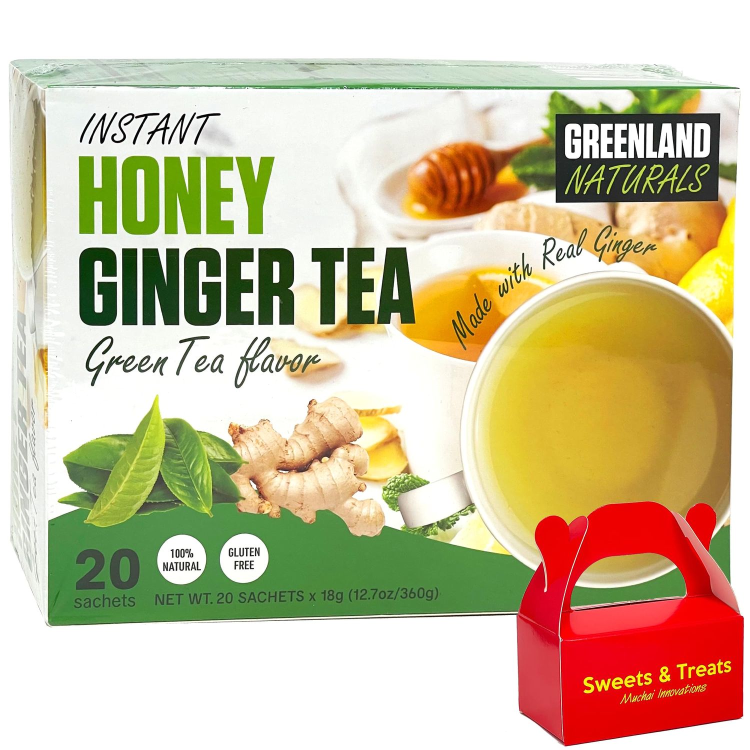 Instant Honey Ginger Tea | Made With Real Ginger - Naturally Smooth Taste - Gluten Free | Plus a Muchai Innovations Box (20 Sachet Bags, Green Tea Flavor (Grassy Toasty &amp; Floral) Caffeine)