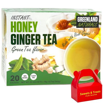 Instant Honey Ginger Tea | Made With Real Ginger - Naturally Smooth Taste - Gluten Free | Plus a Muchai Innovations Box (20 Sachet Bags, Green Tea Flavor (Grassy Toasty &amp; Floral) Caffeine)