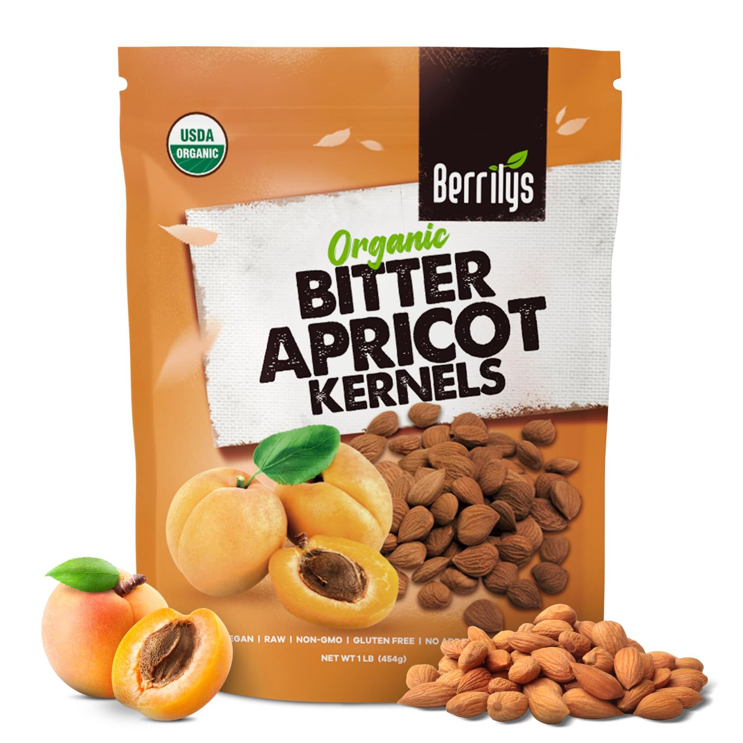 Berrilys Organic Bitter Apricot Kernels - USDA Certified Organic Bitter Apricot Seeds - Natural &amp; Non-GMO, Premium Quality Kernals, No Sulfur or Additives - 16 oz