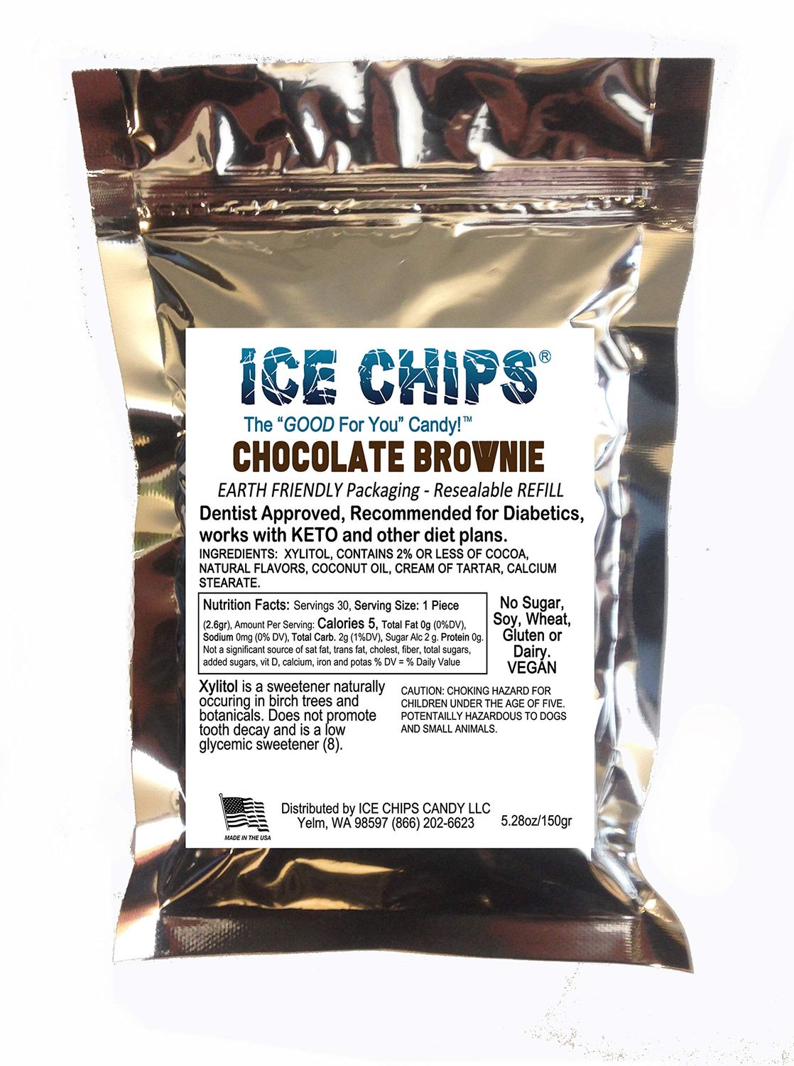 ICE CHIPS Xylitol Candy in Large 5.28 oz Resealable Pouch; Low Carb &amp; Gluten Free (Chocolate Brownie)