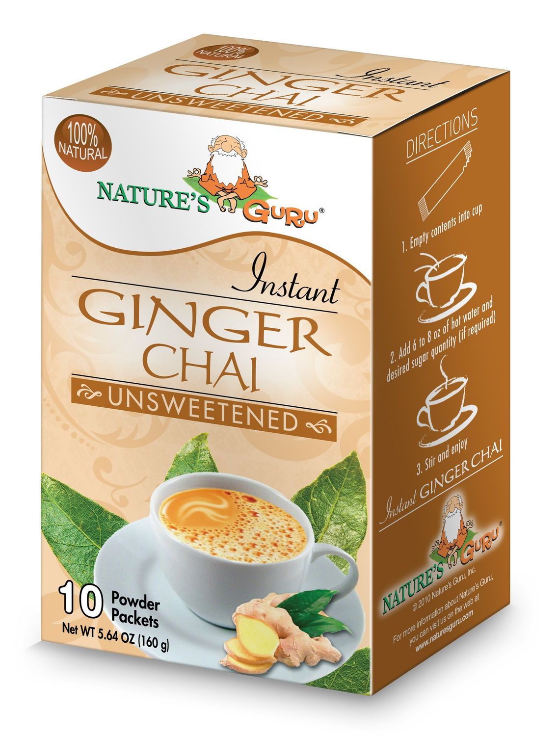Nature&#39;s Guru Instant Ginger Chai Tea Drink Mix Unsweetened 10 Count Single Serve On-the-Go Drink Packets