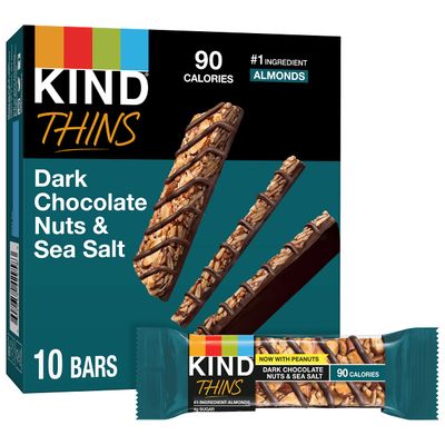KIND THINS Dark Chocolate Nuts &amp; Sea Salt Bars (Now with Peanuts), Gluten Free, 4g Sugar, 0.74 oz bars, 10 count