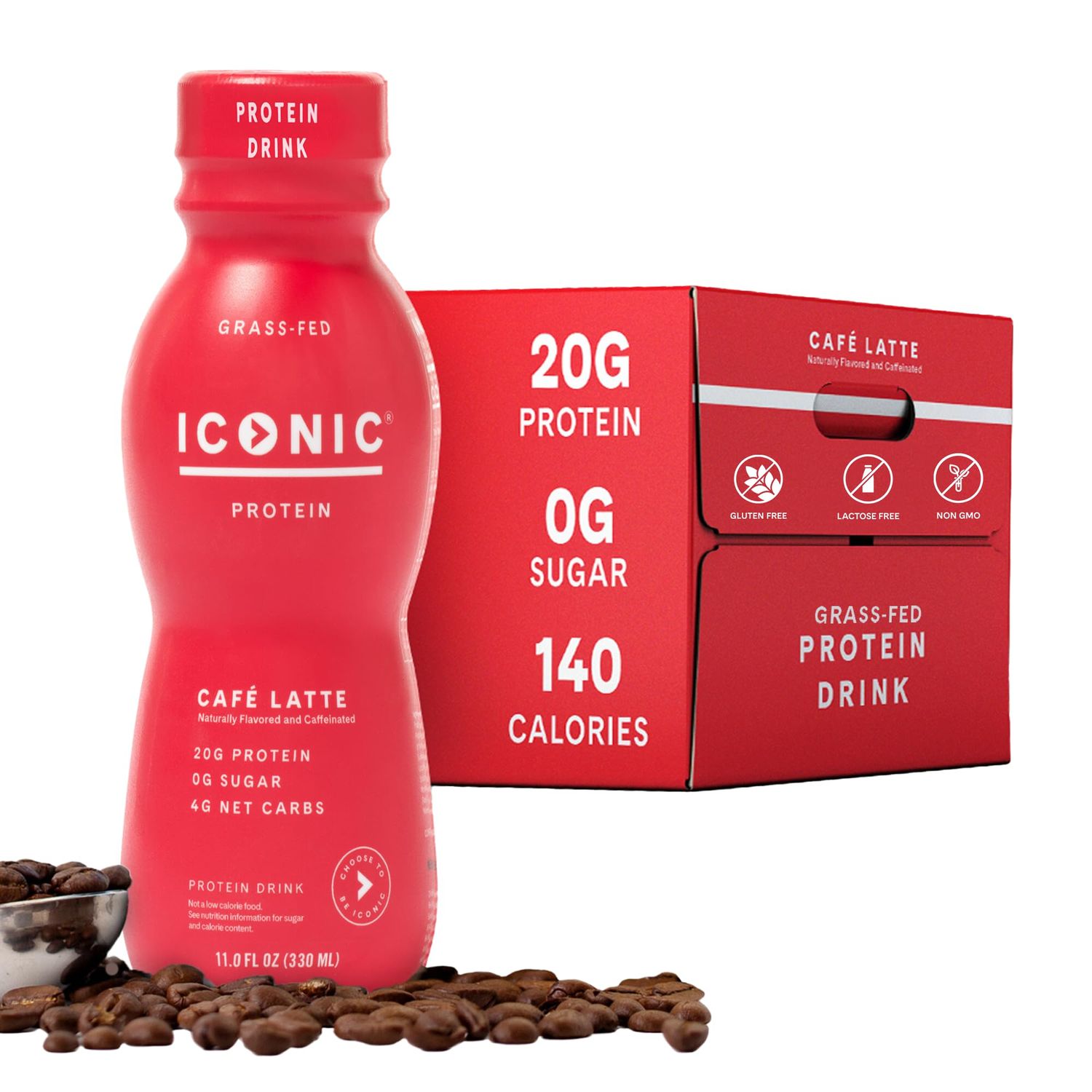Iconic Protein Drinks, Caf Latte (12 Pack) - Sugar Free &amp; Low Carb - 20g Protein + 100mg Caffeine - Lactose Free, Gluten Free - Keto Friendly Protein Coffee