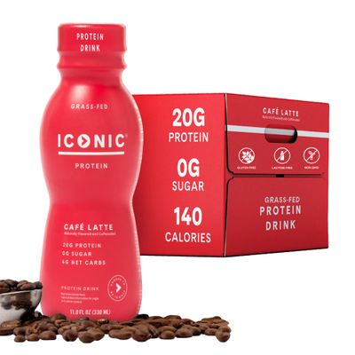 Iconic Protein Drinks, Caf Latte (12 Pack) - Sugar Free &amp; Low Carb - 20g Protein + 100mg Caffeine - Lactose Free, Gluten Free - Keto Friendly Protein Coffee