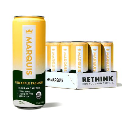 Marquis - Natural Energy Drink - Pineapple Passion - Sugar Free - 0 Calories - 100mg of Organic Plant Based Caffeine - Yerba Mate - Green Tea - Vitamin C &amp; B Vitamins - Vegan - 12 oz Cans - 12 Pack