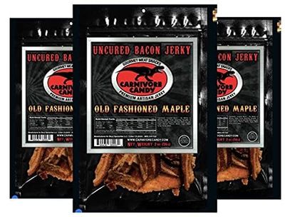 Carnivore Candy Old Fashioned Maple Bacon Bacon Jerky - Jurassic Jerky with Amazing Taste, high protein content, no preservatives, MSG-free, low sodium (Old Fashioned Maple 3 Pack)