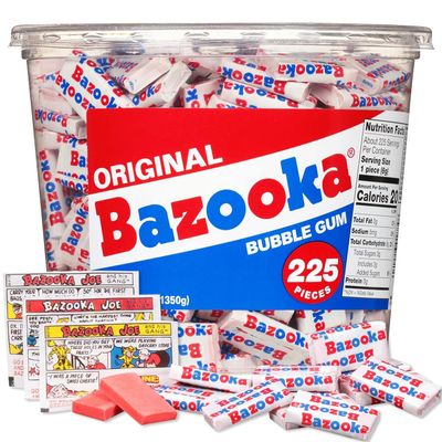 Bazooka Bubble Gum Individually Wrapped Pink Chewing Gum in Original Flavor - 225 Count Bulk Bubble Gum Tub - Fun Old Fashioned Candy for Kids