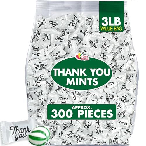 Hospitality Thank You Mints - Approx. 300 Pieces - Bulk Mints Individually Wrapped - Wedding Mints Candy - After Dinner Mint Hard Candy, Party Favors - 3 Pounds - Spearmint Flavor