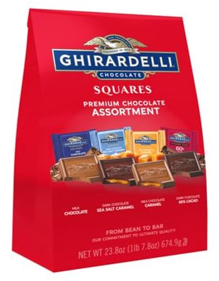 GHIRARDELLI Premium Chocolate Assortment - Milk, Dark, Sea Salt, Caramel and 60% Cacao Squares, 23.8 oz Bag