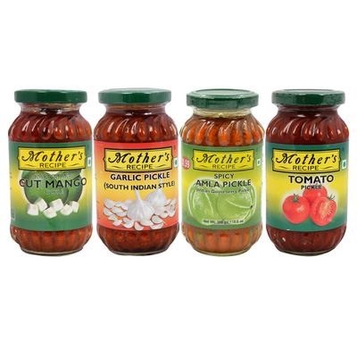 Mother&#39;s Recipe - South Indian Pickle Combo #2 (Cut Mango, Garlic, Spicy Amla, Tomato), 300g x 4