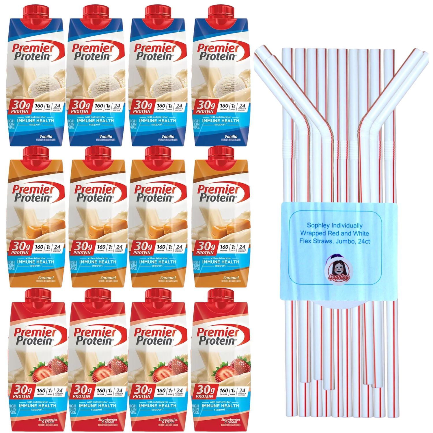 Premier High Protein Shake Variety Pack, 3 Flavors, Strawberries and Cream, Caramel, Vanilla, 11 fl oz, 12 ct +a Sophley Individually Wrapped Red and White Flex Straws Set