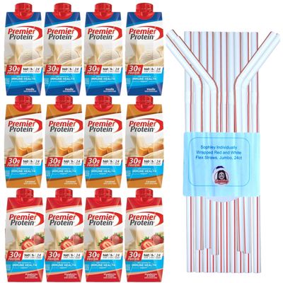 Premier High Protein Shake Variety Pack, 3 Flavors, Strawberries and Cream, Caramel, Vanilla, 11 fl oz, 12 ct +a Sophley Individually Wrapped Red and White Flex Straws Set