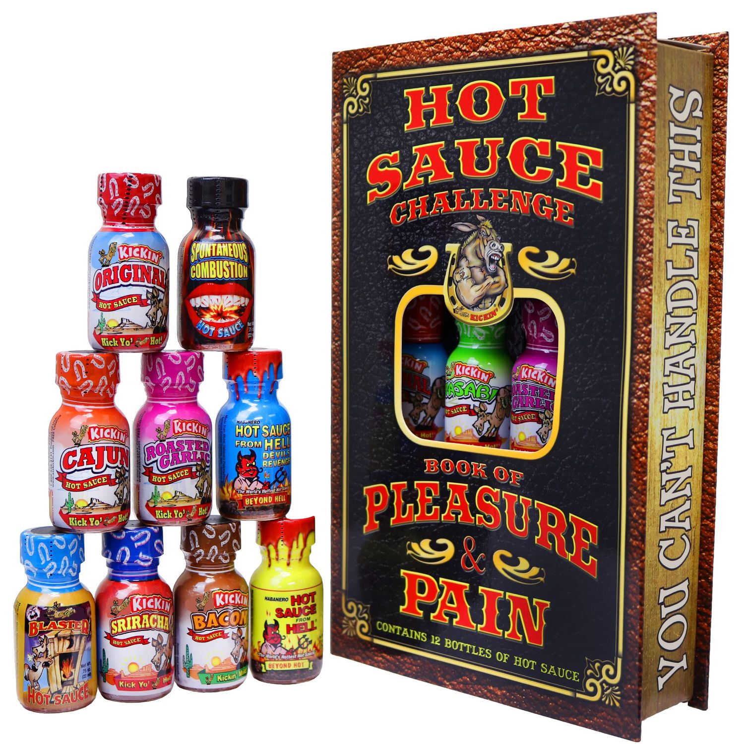 Hot Sauce Challenge Book Of Pleasure &amp; Pain - 12 - 0.75 Ounce Bottles Gift Set - Perfect Premium Gourmet Hot Sauce Gift Set - Try If You Dare!